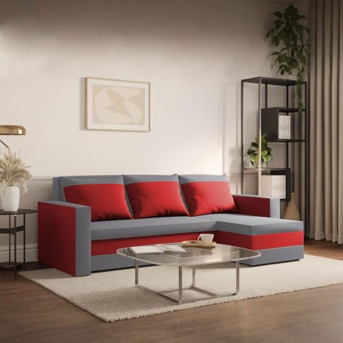 FORNIRO 24 Loft Ecksofa 225x130x75cm Grau Wohnzimmer Couch Schlafsofa | Mit Schlaffunktion & Bettkasten - L-Form - Kissen - Stoff Basic | ausziehbar Gäste bequem Stauraum Design hochwertig Eckcouch