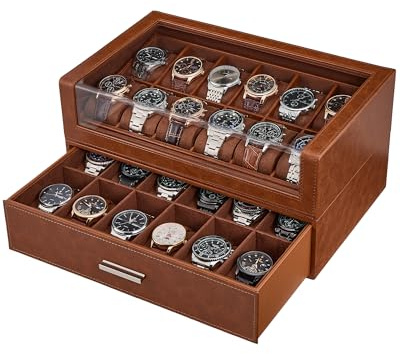 ProCase Herrklockor set 24 platser, transparent vitrin i L, klocklåda med låda, elegant organisatör för samling av klockor och tillbehör - brun