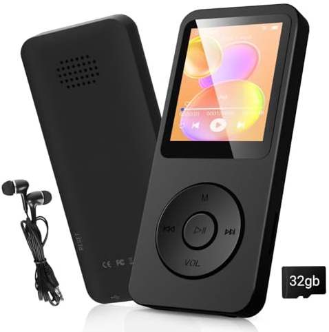 Reproductor MP3 de 32 GB Bluetooth 5.3 Pantalla TFT en Color de 1,8 con Auriculares Música HiFi Reproductores MP3 para niños con Altavoz Radio FM Libro electrónico Grabación Admite hasta 128 GB