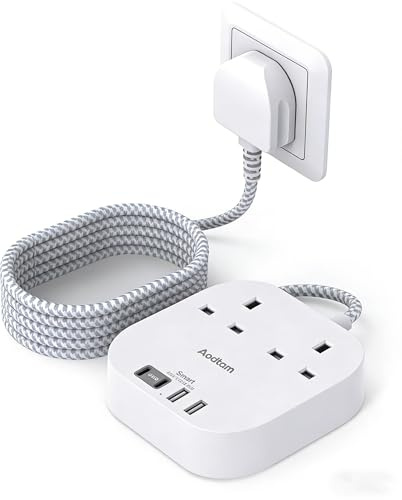 Addtam 1.8M Braided Extension Lead,Surge Protection Power Strip,2AC Outlets | Extension Lead with USB Ports, Equipped with 4 USB Ports (4.5A Total, 2 Type-C & 2 USB-A), Suitable for Home and Office
