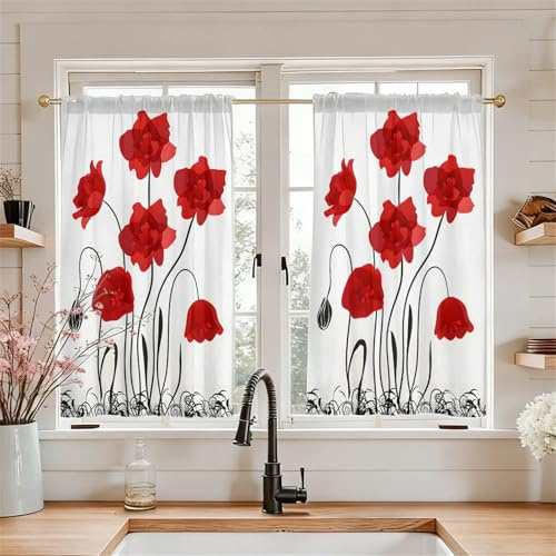 Odot Sakura-Stil Bistrogardine, 2 Stück Scheibengardine, Küchengardinen mit Stangendurchzug, Halbschattierung Vorhänge Wohnzimmer, Gardinen Kurz für Küchen Esszimmer Badezimmer (rot,80x120cm)