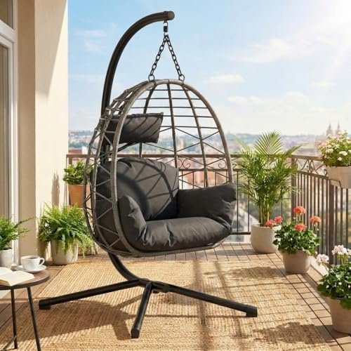 Garvee Hängesessel aus Rattan mit Metallgestell – klappbar, wetterfest, bis 150 kg belastbar, inkl. schwarzer Abdeckung – Outdoor & Indoor Ei-Schaukelstuhl für Garten, Balkon, Terrasse – Graues Rattan