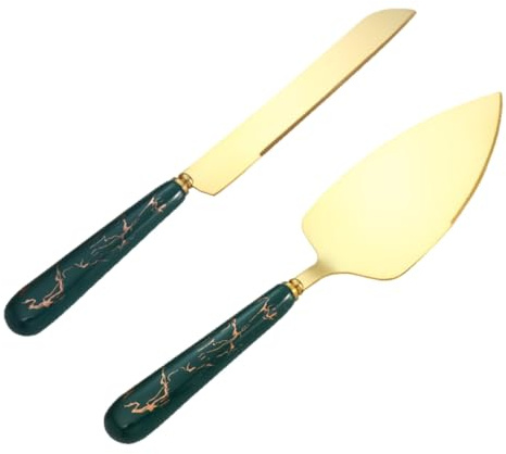 VICASKY Ensemble Coupe-gâteau et Pelle à Pizza en Acier Inoxydable Poignée en Céramique Antidérapante Vert Foncé, Spatule Multifonction pour Pâtisserie, Tarte et Fromage, Ustensile