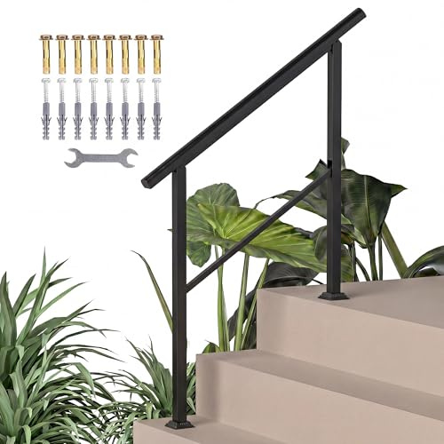 Outsunny Barandilla para escaleras de 2 a 3 peldaños, 94 cm, ángulo ajustable, pasamanos para exterior e interior, barandilla de entrada de metal para escaleras, parapetos, balcones, color negro