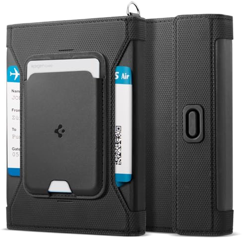 Spigen Life KD502 Funda Pasaporte Magnética con Tarjetero Desmontable MagSafe, Cartera Doble para Pasaporte con Bloqueo RFID, Ranuras para Tarjeta SIM y Mosquetón - Negro
