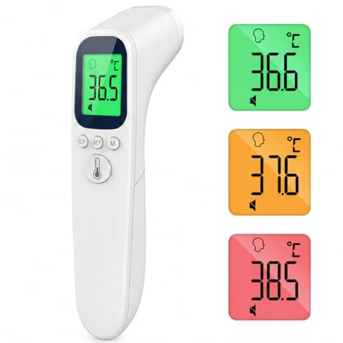 Thermomètre Frontal Sans Contact, Thermomètre Infrarouge Numérique | Écran LCD Rétroéclairé 3 Couleurs pour Bébé, Enfant et Adulte, Lecture Instantanée et Précise, Alarme de Fièvre