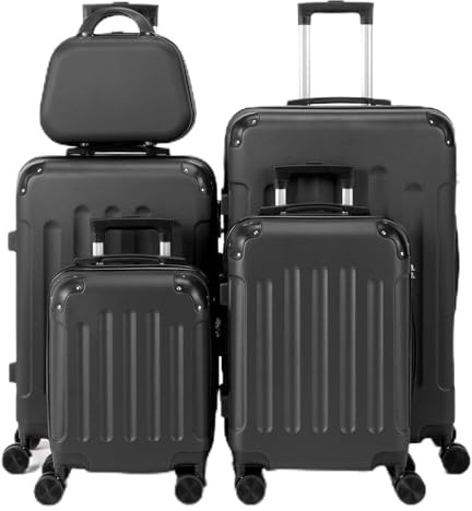 LEADZM Koffer Set 5 teilig Hartschale mit Kosmetikkoffer (Schwarz) | Kofferset mit verstärkten Ecken, Reisekoffer mit Rollen Groß, Handgepäck, Hartschalenkoffer Set aus ABS, Koffer & Trolleys