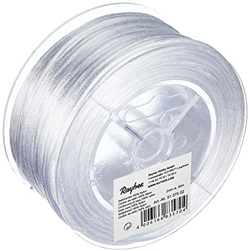 Rayher 5137502 Cordoncino in Raso di Nylon, Diametro 2 Mm, Bobina da 50 M, Cordoncino Decoro, Soffice, Durevole, Bassa Elasticità, Bianco