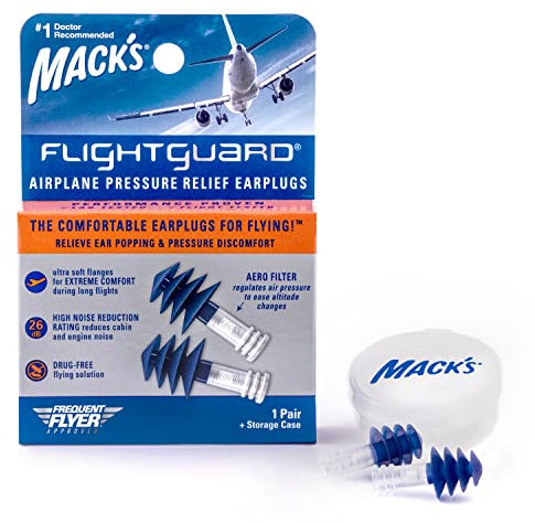 Mack's Flightguard Airplane Pressure Relief Tappi per le orecchie - 26dB NRR - Comodi e sicuri, tappi per le orecchie da viaggio Blu
