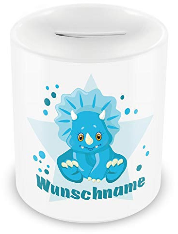 Samunshi® Kinder Spardose mit Namen und Blauer Dino als Motiv für Kinder - Jungen und Mädchen Sparschwein 330ml weiß