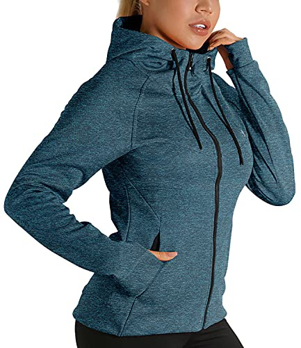 icyzone Veste de Sport pour Femme - Sweat à Capuche Poignets élastiques avec Trous de Pouce pour l’Exercice, la Gym et Autres Sports （L, Bleu Royal