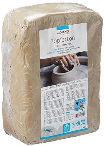 Glorex 6 8073 605 - Töpferton unschamottiert, 5 kg in weiß, geschmeidig und leicht zu verarbeiten, ohne Schamottanteil, lufthärtend und brennbar, für Töpferscheibe geeignet