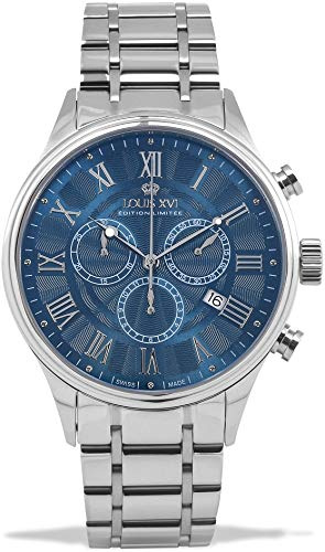 LOUIS XVI Herren-Armbanduhr Danton Silber Blau Stahlband Römische Zahlen Chronograph Analog Quarz Edelstahl 977