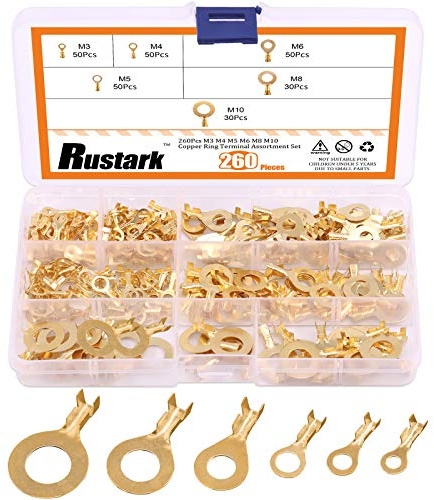 Rustark 260 Pcs Open Barrel Wire Crimp, M3 M4 M5 M6 M8 M10 Non-Insulated Copper Ring Lugs Cable Terminal Assortment Set, O-Type Copper Terminal Connector Kit (Gold)