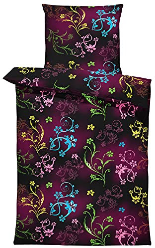 one-home Bettwäsche Mikrofaser Garnitur Bettbezug modern viele Muster mit Reißverschluss, Farbe:Blumen schwarz, Größe:2 teilig 135x200 cm