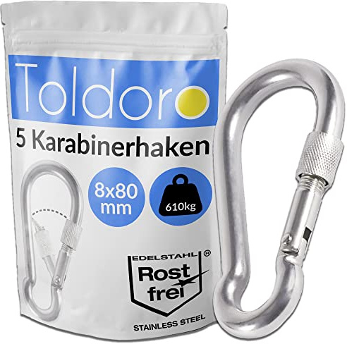 Toldoro® 5X Edelstahl Karabiner mit Schraubverschluss 80mm Rostfrei - NIRO AISI 316 V4A / Karabinerhaken Klein für Schaukel, Hängematte oder Sonnensegel/Schraubkarabiner, Bruchlast 640kg