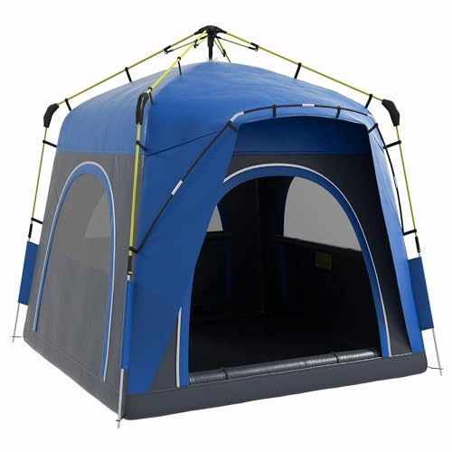 Outsunny Tente de Camping, Tente Pop up dôme familiale 3 Personnes, avec 4 Portes 4 fenêtres Sac de Transport Inclus pour Le Camping randonnée Bleu Gris