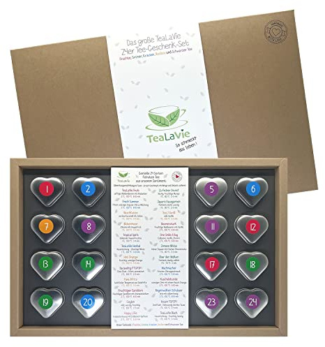 TEALAVIE Tee-Geschenk Set | Präsentbox mit 24 hochwertige lose Tees in edlen Teedosen | inkl. Standfuss | handgemacht | 220g
