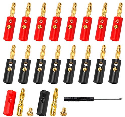 18 Piezas 4mm Clavija Banana, KUOQIY 4mm Banana Connector GoldPlated, con destornillador, para Cable de Altavoz, Cine en Casa, Placas de Pared (9 Rojos + 9 Negros)