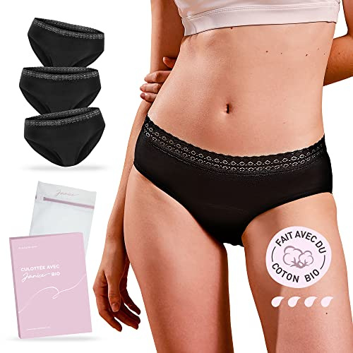 JANICE 3 Culottes Menstruelles Coton Bio = 5 tampons Absorbant Flux Abondant, sous-Vêtement Règles Incontinence Lavable Périodique