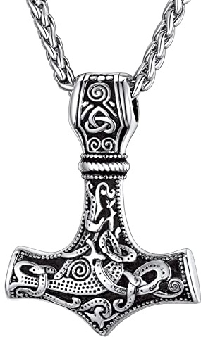 JUZICHEN Martillo De Thor, Cadena Plata Hombre, Colgante Martillo Thor, Cadena Runas Vikingas Amuletos De Proteccion Hacha Vikinga, Vikingos Collar Plata Oro Negro, 60 Cm