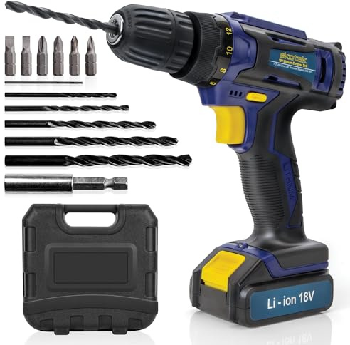 Skotek 18V Cordless Drill Set Driver, 1x Battery, Case & 13-Piece Kit | 650rpm variable speed, 16+1 torque settings, LED work light and 10mm keyless chuck for wood, metal, plastic and screwdriving.