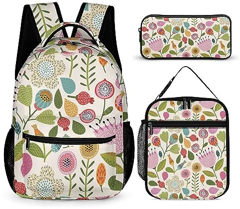 ZEMECS Mochila Escolar，Flor Niña Infantil Adolescentes Sets De Mochila Backpack Casual Set Con Bolsa Del Almuerzo Y Estuche De Lápices Rosa