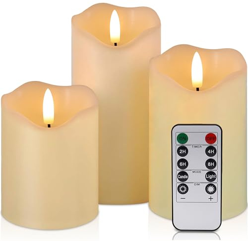 VIEWELLD Flickering Flameless Candles with Remote and Timer, Realistic LED Candles, Battery Operated Candles for Christmas Home Wedding Birthday Decoration, Real Wax Set of 3(Ivory White)