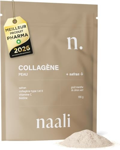 Naali Collagène Marin Poudre + Vitamine C, B8 – Safran, Acide Hyaluronique – Boisson Quotidienne - Bien Etre, Peau, Os - Goût Citron Vert Menthe – Cure 1 Mois - Complément Alimentaire Équilibre
