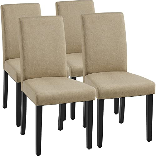 Yaheetech Fabric Dining Chair Set of 4 High Back Padded Armless Chair Khaki | Upholstered Kitchen Chairs, 10.5cm Thick Seat Cushion Armless Side Chairs with Solid Wood Legs for Dining Room, Living Room