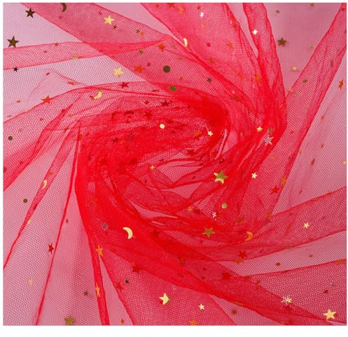 Pmnzdy Tüll Stoff 150cm x 5Yards Glitzer Tüllstoff Tüll Dekostoff Tüllband mit Stern Mond Pailletten Tüll Deko Stoffe Organza Tüllband Deko für Hochzeit Handwerk Kleidung Geschenk Rot