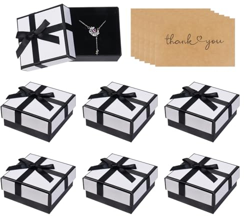 6 Stück Schmuck Geschenkbox 7,5× 7,5× 3,5 cm Geschenkboxn Schmuckschachtel mit Schleife Geschenkschachtel für Halskette Ring Geschenke Schmuckverpackungen(Weiß)
