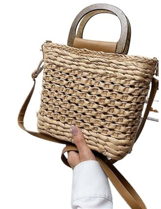 ETomey Strohtasche Sommer Top Griff Frauen Handgewebte Stroh Strandtasche Vintage Aushöhlen Handtasche Rattan Urlaub Kleine Umhängetasche Runde Strohtasche (Color : Khaki, Größe : 23cm x 19cm x 8cm)