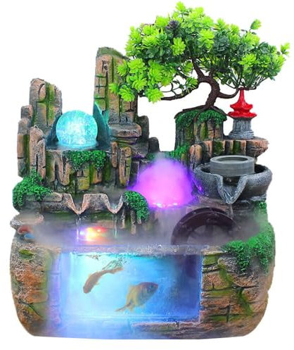 AUYART Zimmerbrunnen, Tisch, Kunstharz, Fischglas, LED-Beleuchtung, Gartenbrunnen, Büro, Dekobrunnen, grüne Pflanze, beleuchtet, Wasserfall, Luftbefeuchter, 30 x 20 x 30 cm