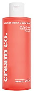 cream co. AHA/BHA Glykolsäure 5%, Salicylsäure 1% mit Vitamin C Gesichtswasser 200 ml, Vegan Anti Mitesser Daily Toner, Porenreiniger für Unreine Haut, Anti Pickel Gesichtstonic, Alle Hauttypen