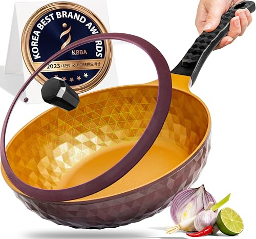 Diamond X Premium-Wokpfanne mit Deckel, antihaftbeschichtet, 27,9 cm, großer chinesischer Wok mit flachem Boden, Woks und Bratpfannen, antihaftbeschichtet, Titanbeschichtete 8-lagige koreanische