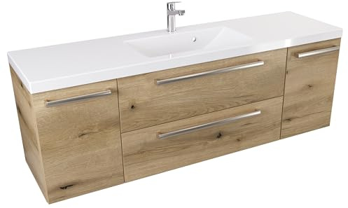 Furni Badezimmer-Waschtischunterschrank 140 cm D ATH DC - Mattes Holzdekor - Gebürsteter Stahlgriff