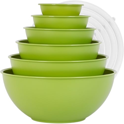 BoxedHome Mixing Bowl Set with Lid, Mixing Bowls, 12-Pack Mixing Bowl Set, Plastic Salad Bowl Stackable Serving Bowls for Kitchen (6 Bowls and 6 Lids, Light Green)
