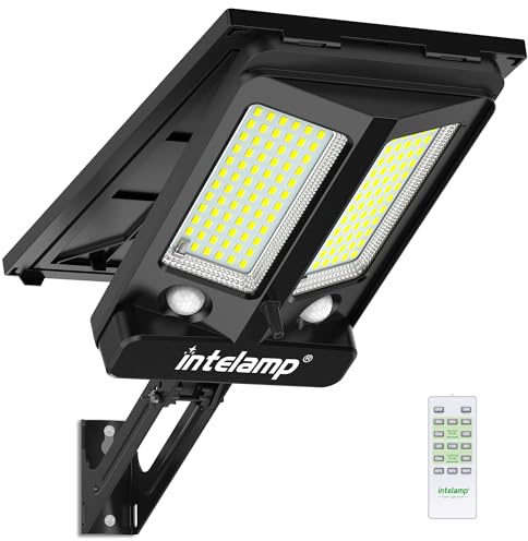 intelamp Projecteur Solaire Extérieur LED 3000LM, Batterie 12500mAh, Télécommande, 4 Modes, Double Capteur Mouvement 180°, Lampe Solaire pour Jardin, Garage, Terrasse