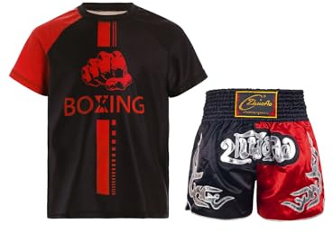 TTAO Conjunto de ropa de boxeo para niños MMA, pantalones cortos de boxeo, camiseta para Muay Thai, artes marciales, fitness, entrenamiento, chándal, negro rojo, 122 cm-128 cm