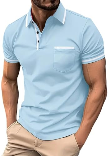 Bastwahl Poloshirt Herren Kurzarm Modern Mit Brusttasche T-Shirts Polohemd Freizeit Sommer Sommershirts Mit Lässigem Kragen Atmungsaktiv Oberteile Hellblau XXL