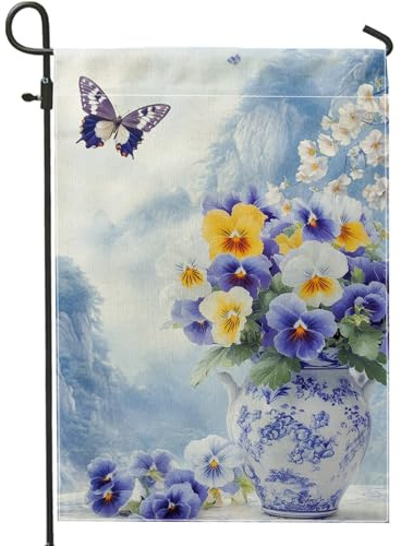 Drapeau floral de jardin printanier, bouquet de pensées violettes, décoration extérieure, drapeau de cour double face, décoration de pelouse de vacances, 30,5 x 45,7 cm