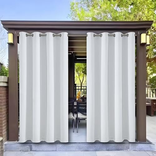 Rideau Exterieur Occultant Décoration Extérieur Coupe-Vent Protection Solaire Rideaux D'extérieur Imperméable pour Terrasses Vérandas Balcons Cottages Pavillons 335L X 215H cm (1 Panneaux) Blanc