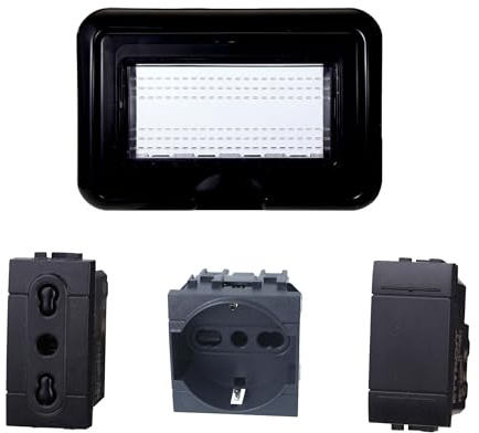 Kit Placca Scatola 504 IP55, 4 Moduli Presa Schuko + Bipasso + Interruttore, Compatibile Con Bticino Living, Colore Nero, Placca Stagna Idrobox Incasso Da Esterno