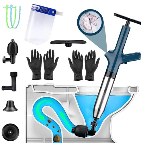 YOZAIUUI High Pressure Toilet Plunger Kit - Stainless Steel Unblocker | Powerful Plungers for Unblocking with 4 Replaceable Heads and Visual Barometer for Bathtub Drain or Kitchen Clogged