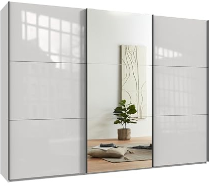 luma-Home 22039/ Schwebetürenschrank 3-türig,Glasfront Weiß, 1x Spiegeltür | B300/H216/T65 cm,Kleiderschrank inkl.Selbsteinzug,Griffleisten schwarz,Einlegeböden, Kleiderstangen,Schubladen,Wäscheeinteil.