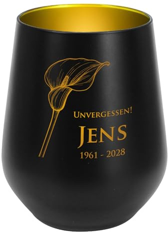 private grief® Personalisiertes Trauer Windlicht aus Glas mit Gravur – erhältlich in Schwarz und Weiß – gravierte Trauerkerze mit Name, Datum & Wunschtext (Calla, Schwarz)