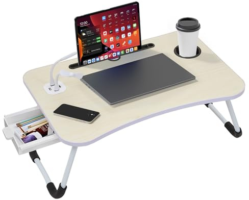 Foldable Laptop Table with USB Ports, Drawer, Cup Holder&Tablet Slot, Beige | Small desk with fan and lamp for bed,sofa,floor, balcony. Ideal for reading, studying, having breakfast, gaming, or working.