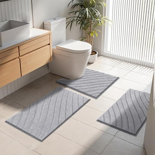 SHACOS Badezimmerteppich Set 3 Teilig Badteppich rutschfest Badematte Weiche Badezimmer Teppiche Wasserabsorbierend Badezimmermatte Waschbar Badvorleger Set, Hellgrau, 40x60+50x80+50x60cm