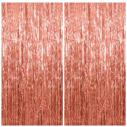 2PCS Metall Lametta Vorhänge (1 x 2 m), Glitzervorhang Lametta, Glitzer Party Vorhang, Dekoration aus Glitzerfolie für Hochzeitsfeier, Vorhänge mit Fransen, aus Rosegold